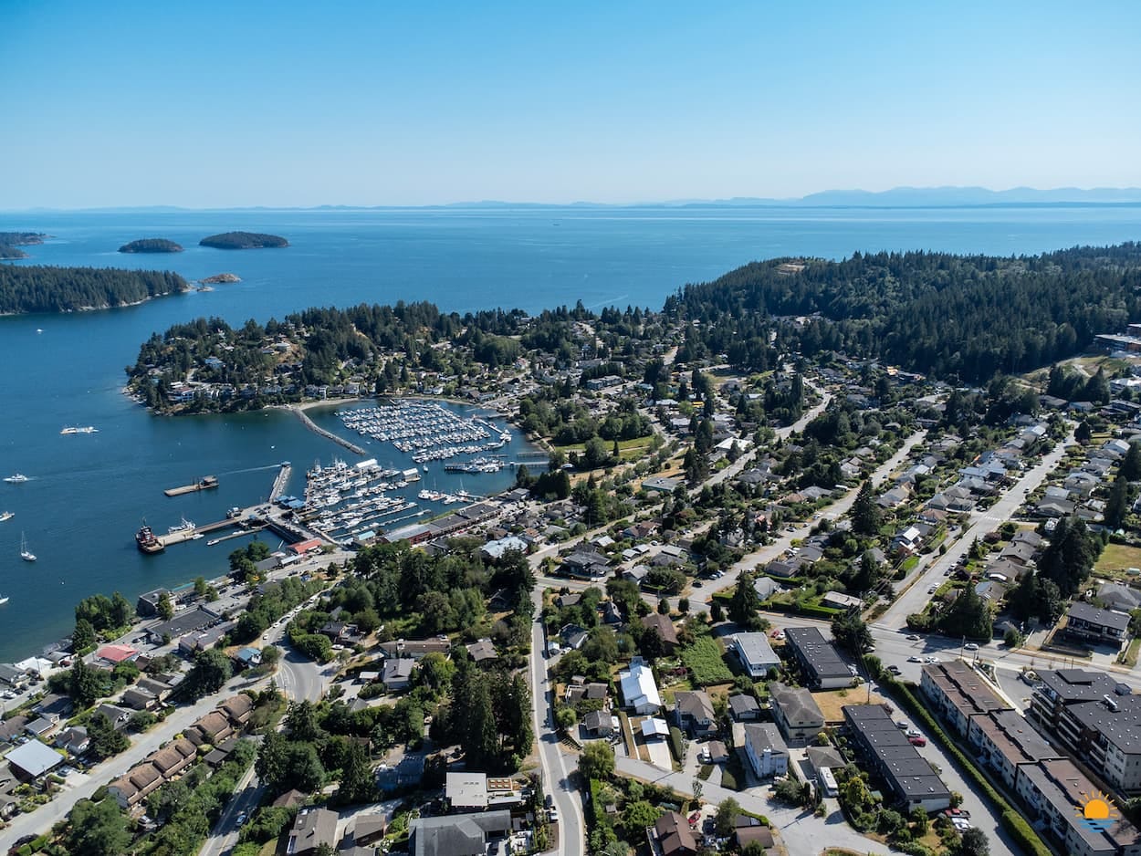 Gibsons harbour and the Strait of Georgia from the air