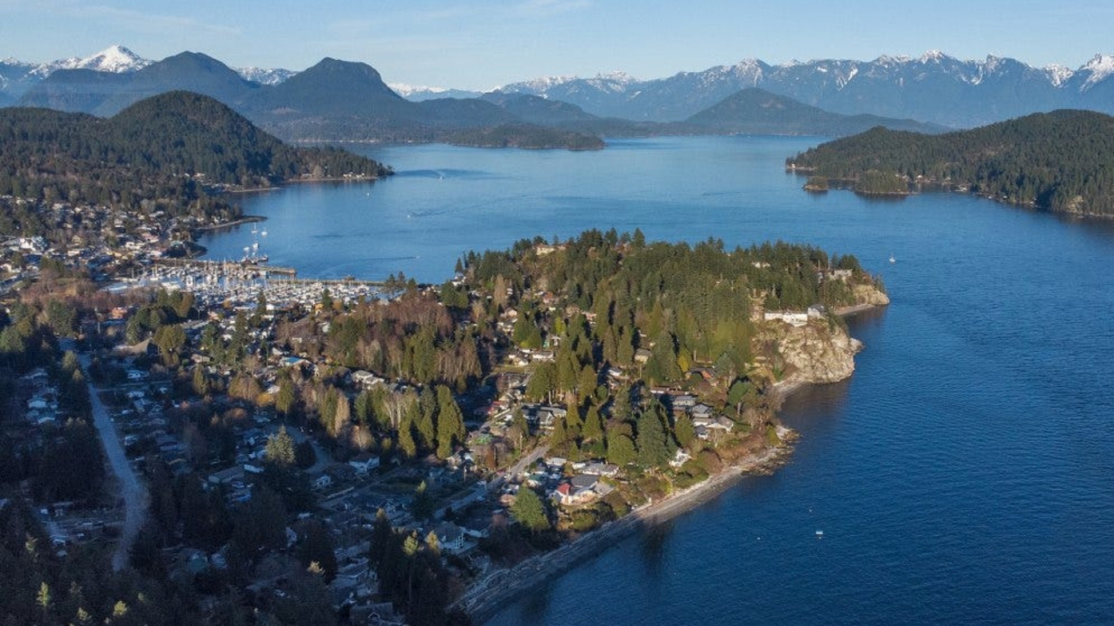Gibsons and the Sunshine Coast shoreline from the air, where Landev's projects are built